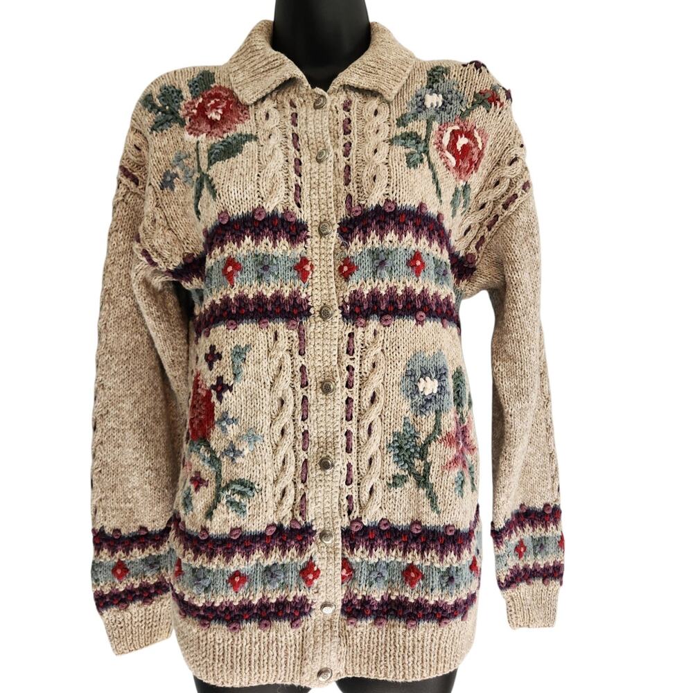 VINTAGE Portraits by Northern Isles floral cardigan sweater beige size S
